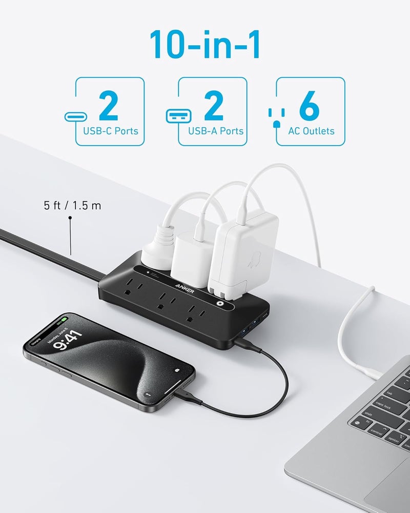 Anker 300J Flat Plug 10-in-1 Ultra Thin Power Strip with 6 AC, 2 USB-A & 2 USB-C Ports, Extension Cord, Desk Charging Station for Home, Office, College, Dorm, 5 Feet, Black - Image 3
